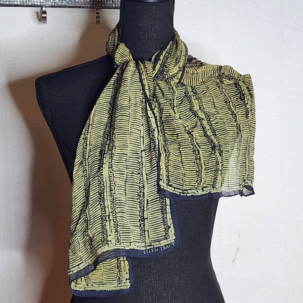 Ellen Tracy Vintage Black and Olive Green Greek Column Sheer Rectangle Scarf